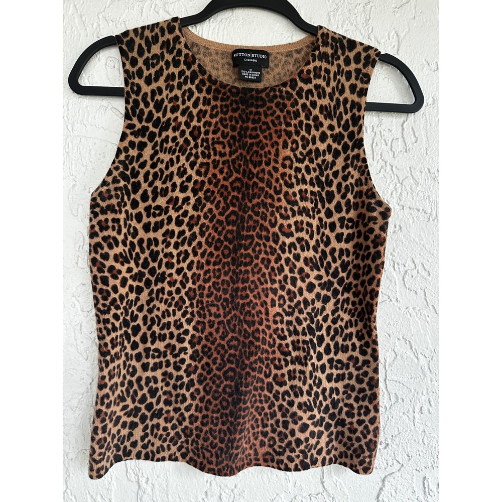 Sutton Studio Y2K Vintage Cashmere Leopard Print Sleeveless Sweater Women Medium